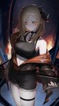  1girl :/ absurdres arknights black_choker black_horns black_jacket black_shirt black_shorts blonde_hair braid choker collarbone commentary_request crop_top embers fire flamethrower glowing glowing_eyes highres holding holding_flamethrower holding_weapon horns ifrit_(arknights) ifrit_(lone_trail)_(arknights) ikasamahideo jacket long_hair long_sleeves looking_at_viewer off_shoulder official_alternate_costume orange_eyes orange_jacket parted_bangs shirt short_shorts shorts single_bare_shoulder single_braid solo tail thigh_strap two-sided_fabric two-sided_jacket weapon 