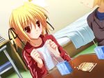  1boy 1girl bed blonde_hair blue_shirt brown_sweater bubble_wrap chair closed_mouth clover_point desk drink_carton dutch_angle game_asset gym_uniform holding indoors jacket juice_box light_smile looking_at_another non-web_source official_art open_clothes open_jacket red_eyes red_jacket shirt short_twintails sitting snack sweater table takanashi_yaya track_jacket twintails white_shirt yuyi 
