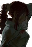  1girl blue_eyes cape closed_mouth commentary_request dirty dirty_clothes dirty_face from_side gem green_gem highres holding_own_hair long_hair looking_ahead ponytail profile re:zero_kara_hajimeru_isekai_seikatsu red_hair serious sidelocks simple_background sketch solo theresia_van_astrea white_background xb9jj 