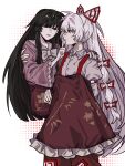  2girls absurdres bow bowtie brown_hair carrying carrying_person closed_mouth commentary_request derivative_work eye_contact finger_to_another's_mouth frilled_skirt frilled_sleeves frills fujiwara_no_mokou grey_hair grey_shirt hair_bow highres houraisan_kaguya long_hair long_skirt long_sleeves looking_at_another multiple_girls multiple_hair_bows ofuda ofuda_on_clothes pants pink_shirt princess_carry prmkq red_eyes red_pants shirt skirt smile socks suspenders sweatdrop touhou very_long_hair white_bow white_bowtie wide_sleeves yuri 