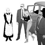  2boys 2girls apron bald black_pants black_shirt car crying greyscale highres long_hair maid maid_apron maid_headdress monochrome motor_vehicle multiple_boys multiple_girls necktie original pants security_guard shirt short_hair suit sunglasses talking_on_phone walking yblndr 