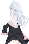  1girl absurdres ahoge black_robe blue_eyes closed_mouth commentary dot_mouth dot_nose elaina_(majo_no_tabitabi) grey_hair hair_between_eyes highres looking_at_viewer looking_back majo_no_tabitabi nameless_0728 robe shirt simple_background sleeveless sleeveless_shirt solo white_background white_shirt 