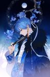  1boy blue_coat blue_eyes blue_flower blue_hair blue_hanfu chinese_clothes chinese_hairpin coat earrings flower folding_fan full_moon fur-trimmed_coat fur_trim hair_between_eyes hair_bun hair_ornament hair_stick hand_fan hanfu highres himmel_(sousou_no_frieren) holding holding_fan jewelry male_focus mole mole_under_eye moon requiem_(requiem_art) short_hair solo sousou_no_frieren tassel tassel_earrings upper_body 