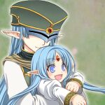  2girls armpit_hug aunt_and_niece blue_eyes blue_hair carrying carrying_person closed_mouth commentary_request forehead_jewel green_background green_hat green_vest hat heart juliet_sleeves kalar_(race) long_hair long_sleeves multiple_girls open_mouth pointy_ears puffy_sleeves rance_(series) rance_quest reset_kalar sakura_kalar shirogane_(odysseyxxx) shirt smile vest visor_(armor) white_shirt 