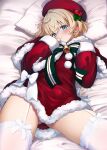  1boy ass_visible_through_thighs bell beret black_bow black_bowtie blonde_hair blue_eyes blush bow bowtie bulge capelet christmas commentary_request cowboy_shot crossdressing crossdressing_(mtf) dress fur-trimmed_capelet fur-trimmed_dress fur_trim hat hat_ornament holly_hat_ornament lace-trimmed_thighhighs lace_trim light_smile lying male_focus on_back original pillow red_dress red_hat santa_costume santa_dress short_hair solo striped_bow striped_bowtie striped_clothes thigh_bow thighhighs trap uro_(urotanc) white_bow white_thighhighs 