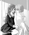  2girls absurdres bandaged_arm bandages bed blush breath camisole commentary dress greyscale highres holding_hands hospital_bed indoors kagari_mimi kimi_ga_shinu_made_koi_wo_shitai long_hair looking_at_another monochrome multiple_girls mutsuki_(mutsuki0110) on_bed parted_lips sailor_collar sailor_dress short_hair totsuki_shiina yuri 