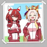  2girls :d animal_ears blush_stickers colored_bangs colored_inner_hair commentary_request crossed_arms curtained_hair doic_rapiex ear_covers feather_hair_ornament feathers grey_background hair_ornament hand_on_own_hip horse_ears horse_girl long_hair multicolored_hair multiple_girls o3o orfevre_(umamusume) outdoors photo_(object) red_track_suit simple_background single_ear_cover single_hair_streak single_sidelock smile streaked_hair tassel tassel_hair_ornament tracen_training_uniform track_suit twintails two-tone_hair umamusume upper_body v-shaped_eyebrows very_long_hair white_streaks win_variation_(umamusume) 