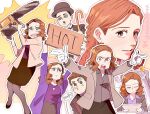  1boy 1girl animification brown_hair brown_skirt chainsaw charlie_chaplin charlie_chaplin_(cosplay) cosplay highres holding holding_chainsaw holding_sign jim_halpert kaikonoeaka long_hair long_sleeves orange_hair pam_beesly pantyhose pencil_skirt sign skirt smile the_office twitter_username 