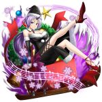 1girl alternate_costume arm_support arm_up armpits artist_request aura bare_shoulders beamed_eighth_notes bell black_dress black_hat black_horns black_sleeves bow breasts christmas_ornaments christmas_tree cleavage closed_mouth collar dark_aura detached_collar detached_sleeves dress eighth_note full_body fur-trimmed_dress fur-trimmed_headwear fur-trimmed_sleeves fur_trim game_asset grand_summoners hat high_heels holding holding_sack horns impossible_clothes impossible_dress large_breasts leg_up long_dress long_hair long_sleeves looking_at_viewer musical_note musical_staff neck_ribbon official_art oni outline pom_pom_(cheerleading) purple_bow purple_eyes purple_hair red_ribbon red_shoes ribbon sack santa_hat shion_(tensura) shoes side_slit simple_background single_horn sitting sixteenth_note sled sleeveless sleeveless_dress smile solo standing strapless strapless_dress tensei_shitara_slime_datta_ken third-party_source transparent_background waist_bow white_collar white_outline 