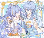  1boy 1girl blue_eyes blue_hair braid brother_and_sister can chinese_commentary collarbone commentary_request drink_can fanta finger_heart hair_intakes halo head_wings highres holding holding_another's_arm holding_can honkai:_star_rail honkai_(series) jewelry light_blush lizi_cai looking_at_viewer midriff multicolored_hair nail_polish navel necklace official_alternate_costume one_eye_closed orange_eyes orange_hair orange_nails robin_(fanta)_(honkai:_star_rail) robin_(honkai:_star_rail) shirt siblings soda_can streaked_hair sunday_(fanta)_(honkai:_star_rail) sunday_(honkai:_star_rail) upper_body white_shirt white_wings wings 