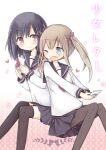  2girls amakaze_sora black_hair black_sailor_collar black_skirt black_thighhighs blue_eyes blush brown_hair brown_pantyhose closed_mouth commentary_request cover cover_page envelope feet_out_of_frame holding holding_envelope knees_together_feet_apart long_sleeves multiple_girls neckerchief one_eye_closed open_mouth original pantyhose pink_eyes pink_neckerchief pleated_skirt puffy_long_sleeves puffy_sleeves sailor_collar school_uniform serafuku shirt skirt smile thighhighs translation_request twintails white_shirt yuri 