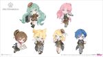  2boys 4girls ancotaku aqua_eyes artist_name black_coat black_shoes black_skirt black_vest blonde_hair blue_eyes blue_hair blue_necktie blush book brown_eyes brown_hair brown_hat brown_jacket brown_skirt chibi chibi_only closed_mouth coat commentary_request company_name cookie copyright_notice cup envelope food full_body green_hair grey_pants grey_skirt hat hatsune_miku holding holding_book holding_envelope holding_quill holding_suitcase holding_tray jacket kagamine_len kagamine_rin kaito_(vocaloid) megurine_luka meiko_(vocaloid) monocle multiple_boys multiple_girls necktie official_art pants pink_hair quill saucer second-party_source shirt shoes skirt smile socks suitcase teacup tray twintails v-shaped_eyebrows vest vocaloid web_address white_background white_shirt white_socks 