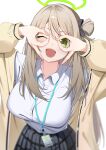  1girl absurdres black_skirt blonde_hair blue_archive breasts cardigan collared_shirt commentary_request green_eyes green_halo hair_rings halo highres id_card lanyard large_breasts long_hair looking_at_viewer mizumok1 nonomi_(blue_archive) ok_sign ok_sign_over_eye one_eye_closed open_collar open_mouth plaid_clothes plaid_skirt shirt simple_background single_hair_ring skirt smile solo upper_body very_big_eyes white_background yellow_cardigan 
