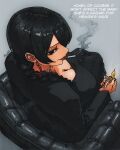  1girl absurdres artbypizza black_dress black_eyes black_hair braid breasts chair cigarette cleavage commentary dress earrings english_commentary english_text grey_background highres holding holding_lighter implied_pregnancy jewelry kagari_hiyuki's_mother kagurabachi lighter sitting smoking solo zippo_lighter 