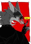  1boy black_gloves black_hair blood blood_on_face body_fur claws commentary finger_to_mouth fingerless_gloves fox_boy furry furry_male gloves grey_fur hand_up highres looking_at_viewer looking_back male_focus mucha_0141 original red_background round_eyewear short_hair shushing simple_background solo sunglasses untranslatable_commentary upper_body yellow_eyes 