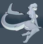  2014 4_toes anthro bell breasts butt female fish green_eyes grey_hair hair long_hair looking_at_viewer marine nude pose ryn_iiskra shark side_boob sitting solo songgoishtar toes 