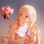  1girl alternate_costume alternate_hairstyle artist_name bare_shoulders blonde_hair breasts brushing_hair brushing_own_hair charlotte_(madoka_magica) collarbone commentary creature english_commentary grey_background hair_down hand_in_own_hair highres holding_own_hair light_particles long_hair looking_at_creature mahou_shoujo_madoka_magica mahou_shoujo_madoka_magica:_hangyaku_no_monogatari medium_breasts numbered official_alternate_hairstyle open_mouth qiususu ringed_eyes sidelighting signature simple_background solo tomoe_mami towel upper_body wavy_hair witch_(madoka_magica) yellow_eyes 