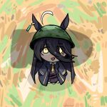  1girl ahoge animal_ears black_hair bomb chibi chibi_only coat combat_helmet ear_tag ears_through_headwear english_commentary explosive eyes_visible_through_hair from_above full_body green_helmet hair_between_eyes helmet horse_ears horse_girl long_hair looking_up manhattan_cafe_(creeping_shadow)_(umamusume) manhattan_cafe_(umamusume) necktie open_clothes open_coat outdoors signature silhouette solo umamusume whooie yellow_eyes yellow_necktie 