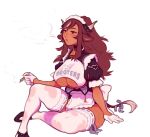  1girl animal_ears animal_print apron bell black_shoes breasts brown_eyes brown_hair choker clothes_writing clothing_cutout collar commentary cow_ears cow_horns cow_print cow_print_thighhighs cow_tail cowbell drugs english_commentary exhaling_smoke frilled_apron frilled_sleeves frills gloves half_gloves hooters horns joint_(drug) large_breasts light_blush long_hair maid maid_headdress marijuana maykitz multicolored_hair original print_thighhighs puffy_short_sleeves puffy_sleeves ribbon shoes short_sleeves sitting smoking solo streaked_hair tail tail_ornament tail_ribbon thighhighs underboob underboob_cutout white_gloves white_streaks 