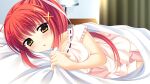  1girl :o aroused ayamisiro bed_sheet blanket bow collarbone curtains day dress frilled_skirt frills game_asset hair_bow hair_ornament holding holding_blanket long_hair looking_at_viewer lying nanase_hikari_(natsu_koi_high_pressure) natsu_koi_high_pressure non-web_source official_art on_bed on_side open_mouth pink_dress ponytail red_hair skirt sleeveless sleeveless_dress solo x_hair_ornament 