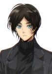  1boy black_jacket black_sweater blue_eyes brown_hair closed_mouth commentary_request eren_yeager facing_viewer highres jacket liu_ruo looking_at_viewer male_focus parted_bangs portrait shingeki_no_kyojin short_hair solo suit_jacket sweater turtleneck turtleneck_sweater upper_body white_background 