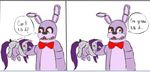  2014 animatronic anthro bonnie_(fnaf) bow_tie crossover cutie_mark dialogue duo english_text equine fan_character feral five_nights_at_freddy&#039;s hair horn hug lagomorph long_hair machine male mammal mechanical my_little_pony open_mouth plain_background purple_hair rabbit robot text unicorn white_background wickedsilly 