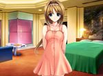  1girl alice_soft blue_eyes blush bottomless breasts brown_hair cleavage game_cg hairband long_hair looking_at_viewer love_hotel ponytail solo standing takamori_haruka 