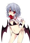  akisome_hatsuka alternate_costume bat_wings bikini bikini_under_clothes black_bikini dress flat_chest lavender_hair leaning_forward looking_at_viewer low_wings mouth_hold pink_dress pointy_ears red_eyes remilia_scarlet short_hair side-tie_bikini slit_pupils solo stomach swimsuit swimsuit_under_clothes touhou w wings 