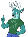  anthro antlers blue_eyes blue_shorts cervine deer fur green_shirt horn male mammal matheusrosa94 teal_fur tl;dr 
