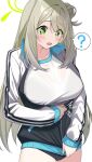  1girl :d ? absurdres adjusting_clothes alternate_costume black_buruma blue_archive breasts brown_hair buruma collarbone commentary_request confused green_eyes gym_shirt gym_uniform hair_between_eyes hair_bun halo highres jacket large_breasts light_blush long_hair long_sleeves mizumok1 multicolored_jacket nonomi_(blue_archive) open_clothes open_jacket open_mouth shirt sidelocks simple_background single_side_bun smile solo spoken_question_mark sweatdrop track_jacket two-tone_jacket white_background white_shirt zipper 