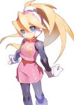 1girl blonde_hair blue_eyes bodystocking ciel_(mega_man) commentary_request gloves helmet high_ponytail highres long_hair mega_man_(series) mega_man_zero_(series) omochi_(mochi_skymega) pink_helmet pink_skirt pink_top ponytail simple_background skirt solo 
