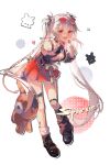  1girl :d bare_shoulders black_choker black_leg_warmers black_shoes blunt_bangs braid breasts candy character_name choker cleavage commentary facial_mark fishnet_socks fishnets food hair_ornament hair_ribbon highres holding holding_candy holding_food holding_lollipop honkai:_star_rail honkai_(series) jewelry leaning_forward leg_warmers lollipop long_hair long_sleeves looking_at_viewer medium_breasts miniskirt necklace official_alternate_costume official_alternate_hairstyle red_eyes red_skirt ribbon shade shoes sidelocks simple_background skirt smile socks solo soupcari sparkle_(honkai:_star_rail) sparxie_(candy-coated_waves)_(honkai:_star_rail) sparxie_(honkai:_star_rail) stuffed_animal stuffed_toy teddy_bear thigh_strap twintails twitter_username very_long_hair white_background x_hair_ornament 