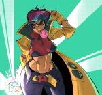  1girl absurdres black_hair breasts coat commentary earrings eyewear_on_head gloves highres jacket jewelry jubilee looking_at_viewer marvel marvel_rivals navel paniny_01 pink-tinted_eyewear shirt short_hair shorts solo sunglasses superhero_costume tinted_eyewear x-men yellow_coat yellow_jacket 