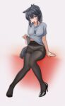  1girl absurdres alter_kamerade alternate_costume animal_ear_fluff arknights black_hair black_pantyhose black_shoes black_tail blush chinese_commentary clothes_lift commentary_request condom condom_in_mouth crossed_bangs dog_tags fingernails full_body grey_panties grey_shirt hair_between_eyes high_heels highres invisible_chair jewelry knees_together_feet_apart lifting_own_clothes long_hair looking_at_viewer mouth_hold necklace panties pantyhose partial_commentary shirt shirt_lift shoes short_sleeves single_shoe sitting solo t-shirt tail texas_(arknights) toes underwear wolf_girl wolf_tail yellow_eyes 