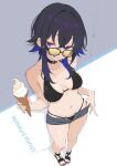  1girl :q absurdres bare_shoulders bikini bikini_bottom_under_shorts bikini_under_clothes black-framed_eyewear black_bikini black_collar black_hair black_sandals blue_streaks breasts breasts_apart character_name chuckeyeroll298 clothes_pull collar commentary crossed_bangs ear_piercing food hair_between_eyes hair_intakes halterneck highres holding holding_ice_cream_cone ice_cream ice_cream_cone ichinose_uruha jitome long_hair medium_breasts multicolored_hair navel piercing purple_eyes sandals short_shorts shorts shorts_pull skindentation smile soft_serve solo stomach streaked_hair sunglasses sweat swimsuit tinted_eyewear toes tongue tongue_out triangle_bikini_top untranslatable_commentary unzipped virtual_youtuber vspo! wolf_cut yellow-tinted_eyewear 