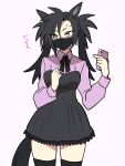  1girl ^^^ air_shakur_(umamusume) alternate_costume alternate_hairstyle animal_ears black_bow black_bowtie black_hair black_skirt black_thighhighs bow bowtie commentary cowboy_shot eyebrow_piercing face_piercing grey_background high-waist_skirt highres ho_1000_ka holding holding_phone horse_ears horse_girl horse_tail jirai_kei long_hair long_sleeves looking_at_viewer mask mouth_mask phone piercing purple_shirt shirt simple_background skirt solo tail thighhighs twintails umamusume yellow_eyes 