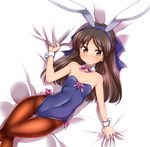  animal_ears bare_shoulders bed_sheet black_hair blush bow bowtie breasts brown_eyes bunny_ears bunnysuit detached_collar gokubuto_mayuge hair_bow idolmaster idolmaster_cinderella_girls long_hair looking_at_viewer lying on_back pantyhose sheet_grab small_breasts solo tachibana_arisu wrist_cuffs 