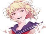  1girl absurdres blonde_hair boku_no_hero_academia commentary_request hair_bun highres messy_hair narrowed_eyes neckerchief red_neckerchief school_uniform serafuku simple_background solo takuma_(saitousaikou) toga_himiko white_background yellow_eyes 