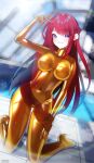  1girl arm_up blue_eyes blurry blurry_background bodysuit borrowed_character breasts bright_pupils commentary_request covered_navel gold_bodysuit hand_on_own_leg high_heels highres kneeling latex latex_bodysuit lens_flare long_hair maguro27 mixed-language_commentary original pool rainbow red_hair skin_tight smile solo v white_pupils yellow_bodysuit 