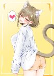  1girl akai_watame alternate_costume animal_ears ass banana_hair_ornament brown_eyes brown_hair cat_ears cat_girl cat_tail commentary_request cowboy_shot food-themed_hair_ornament hair_ornament heart highres konan_mia long_sleeves looking_at_viewer looking_back nanashi_inc. open_mouth orange_shorts short_hair shorts smile solo spoken_heart tail virtual_youtuber yellow_background 