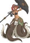  1girl absurdres arm_up armlet bag bandage_on_nose bikini bikini_top_only black_gloves breasts brown_hair commentary_request dark-skinned_female dark_skin detached_sleeves ear_piercing full_body fur-lined_gloves giant_hammer gloves goggles goggles_on_head grin hair_between_eyes hammer high_ponytail highres holding holding_goggles holding_hammer huge_weapon jewelry large_breasts leather leather_belt leather_skirt long_sidelocks looking_at_viewer monster_girl navel original over_shoulder piercing ponytail red_hair satchel scalap scylla sharp_teeth sidelocks simple_background single_detached_sleeve skirt smile solo suction_cups suction_tentacles swimsuit teeth tentacles tinted_eyewear weapon weapon_across_shoulders weapon_over_shoulder white_background 