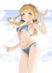  1girl absurdres bare_shoulders bikini blonde_hair blue_bikini braid breasts cleavage commentary_request fingernails fujita_kotone gakuen_idolmaster halterneck highres idolmaster long_hair looking_at_viewer low_twin_braids low_twintails maribee_illust medium_breasts nail_polish navel ok_sign side-tie_bikini_bottom smile solo stomach string_bikini swimsuit teeth triangle_bikini_top twin_braids twintails yellow_eyes yellow_nails 