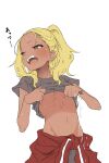  1girl absurdres aki_(yunkana) blonde_hair blush breasts brown_eyes check_commentary clothes_around_waist clothes_lift commentary_request cowboy_shot crew_neck grey_shirt highres ichinose_karina jacket jacket_around_waist lifting_own_clothes looking_to_the_side manemane_nichinichi medium_hair midriff navel no_bra open_mouth red_jacket shirt shirt_lift short_sleeves simple_background small_breasts solo standing stomach sweat t-shirt tan track_jacket translation_request turning_head underboob water_drop wet wet_clothes wet_shirt white_background wide_ponytail wringing_clothes 