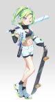  1girl absurdres ankle_socks aqua_eyes asymmetrical_sleeves baseball_bat black_gloves black_shirt black_socks blush breasts brown_background character_name cleavage cleavage_cutout closed_mouth clothing_cutout commentary_request crop_top cropped_jacket cropped_shirt elbow_gloves fingerless_gloves full_body gloves highres holding holding_baseball_bat jacket korean_commentary linea_alba medium_breasts medium_hair multicolored_eyes navel one_eye_closed open_clothes open_jacket pink_pupils ponytail purple_eyes shirt shoes short_shorts shorts simple_background skateboard smile sneakers socks solo standing stellive stomach tsuuburi two-tone_eyes virtual_youtuber white_jacket white_shoes white_shorts yuzuha_riko 