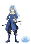  1other androgynous artist_request black_pants blue_boots blue_coat blue_hair boots closed_mouth coat full_body fur-trimmed_boots fur-trimmed_sleeves fur_scarf fur_trim hair_between_eyes hands_on_own_hips humanization katana long_hair long_sleeves looking_at_viewer official_art other_focus pants rimuru_tempest rimuru_tempest_(slime) second-party_source simple_background slime_(creature) smile solo standing sword sword_on_back tensei_shitara_slime_datta_ken transparent_background weapon weapon_on_back yellow_eyes 