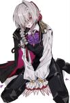  1boy albino alternate_costume andrew_kreiss ascot black_pants braid brooch commentary_request gem highres identity_v jewelry looking_at_viewer male_focus neruna563 pants pointy_ears puffy_sleeves purple_ascot purple_gem red_eyes shirt side_braid sitting solo vampire wariza white_hair white_shirt 