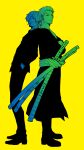  2boys aska_makoto back-to-back black_jacket black_pants black_shoes black_suit collared_shirt commentary_request crossed_arms curly_eyebrows facial_hair goatee hair_over_one_eye hand_in_pocket highres jacket katana male_focus multiple_boys multiple_swords one_piece pants roronoa_zoro sanji_(one_piece) scar scar_across_eye scar_on_face sheath sheathed shirt shoes short_hair standing suit sword weapon yellow_background 