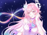  1girl amphoreus_(honkai:_star_rail) breasts commentary_request cyrene_(demiurge)_(honkai:_star_rail) cyrene_(honkai:_star_rail) detached_sleeves diamond-shaped_pupils diamond_(shape) dress flower hair_flower hair_ornament highres honkai:_star_rail honkai_(series) kikyo_blm large_breasts long_hair looking_at_viewer mobius_strip multicolored_hair pink_hair pointy_ears purple_eyes sky smile solo star_(sky) starry_sky symbol-shaped_pupils two-tone_hair very_long_hair white_dress white_hair 