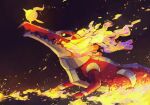  animal_focus artist_name black_background black_sclera claws colored_sclera commentary_request dark_background embers fire fire_bird_(skeledirge) from_side no_humans odo_7ta pokemon pokemon_(creature) pokemon_focus signature skeledirge yellow_eyes 
