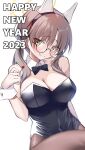  1girl 2023 absurdres alternate_costume animal_ears black_bow black_bowtie blue_archive bow bowtie breasts brown_eyes brown_hair brown_pantyhose candy chinese_zodiac closed_mouth commentary_request detached_collar english_text fake_animal_ears food glasses halo happy_new_year highleg highleg_leotard highres holding holding_candy holding_food holding_lollipop large_breasts leotard lollipop long_hair looking_at_viewer mizumok1 moe_(blue_archive) orange_halo pantyhose playboy_bunny round_eyewear simple_background smile solo strapless strapless_leotard traditional_bowtie twintails white_background wrist_cuffs year_of_the_rabbit 